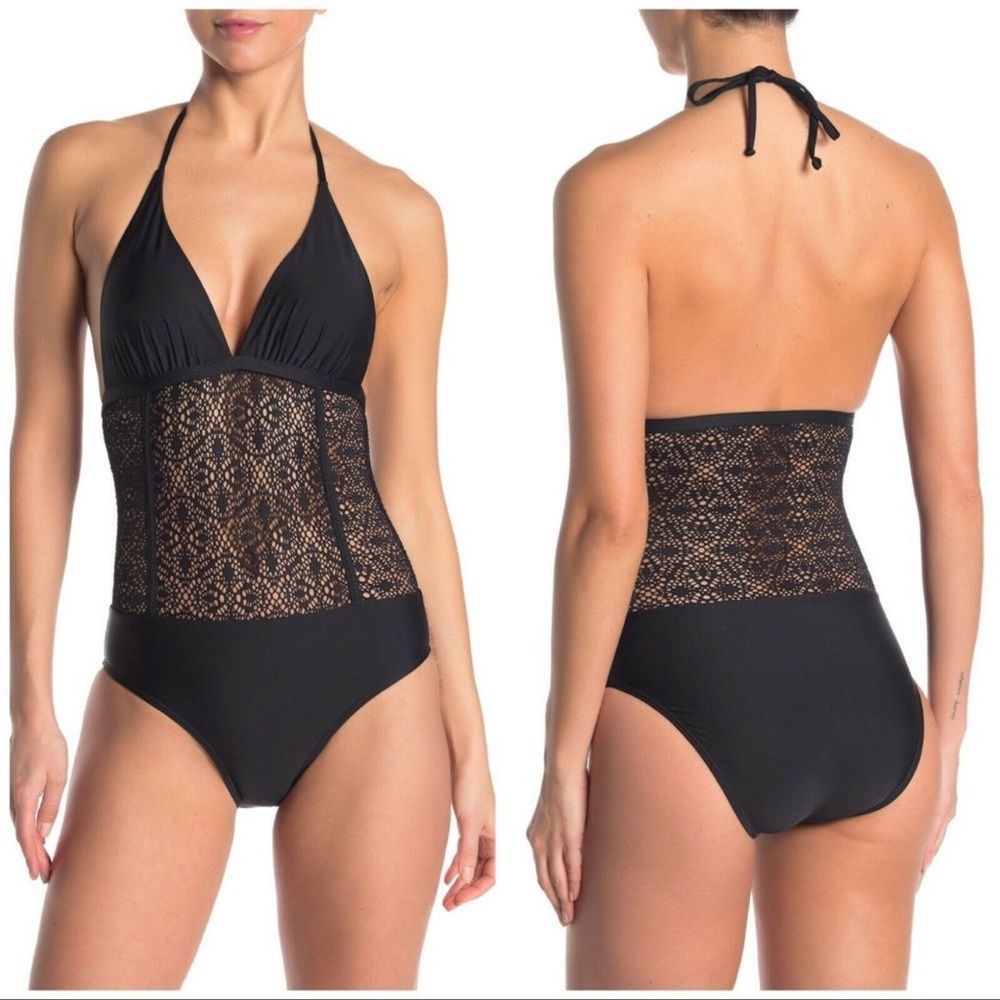 New Ella Moss One Piece Swimsuit Crochet Lace Halter Tie Black Women Size Small‎